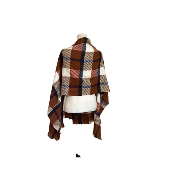Plaid Blanket Scarf With Fringed Edges - Rust Navy Cream & Tan Soft Winter Wrap - Picture 7 of 10